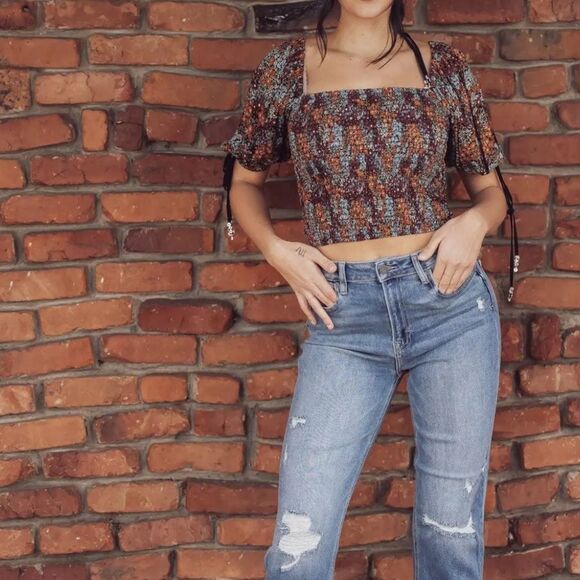 NWT Free People Back on Top Floral Square Neck Puff Sleeve Earthy Cropped XS - Picture 1 of 15